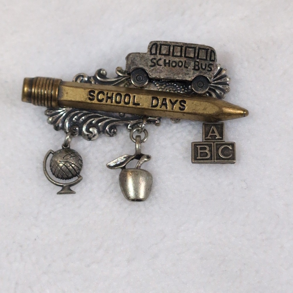 Vintage Teacher Brooch Pin Brass Gold School Days Pencil Bus Apple Charms Gift